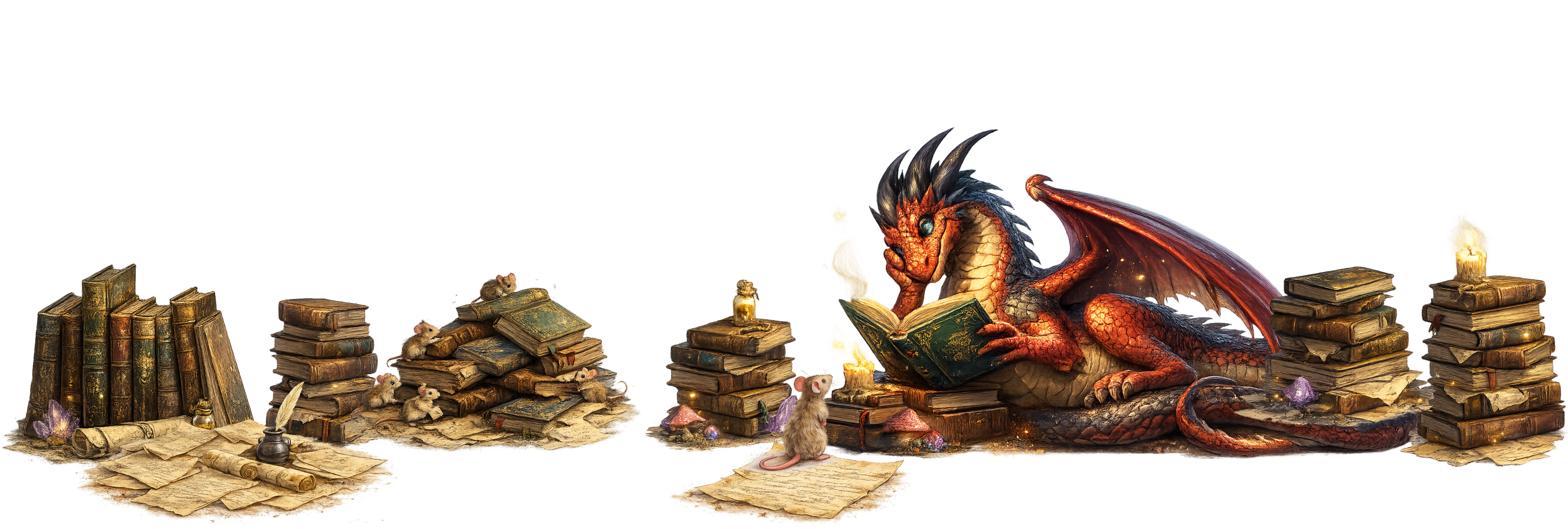 A dragon reading amongst piles of ancient books and scrolls
